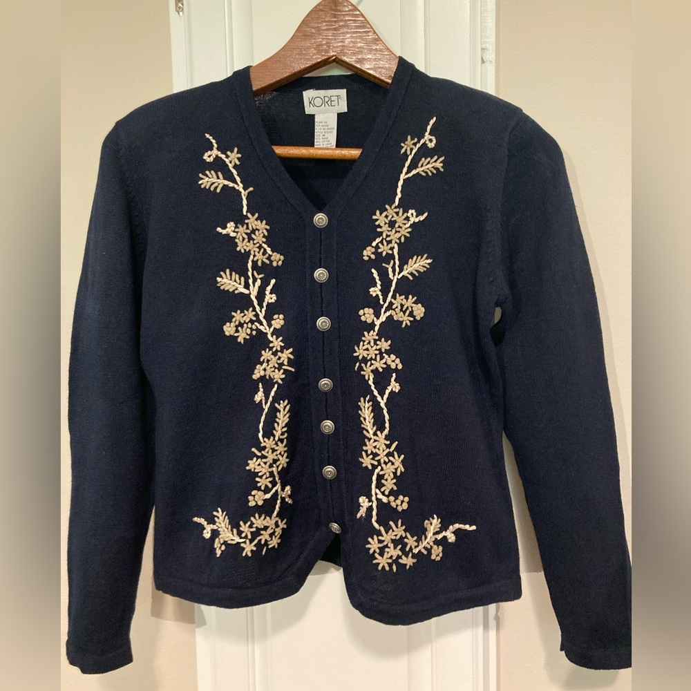 Navy Embroidered V-neck Sweater